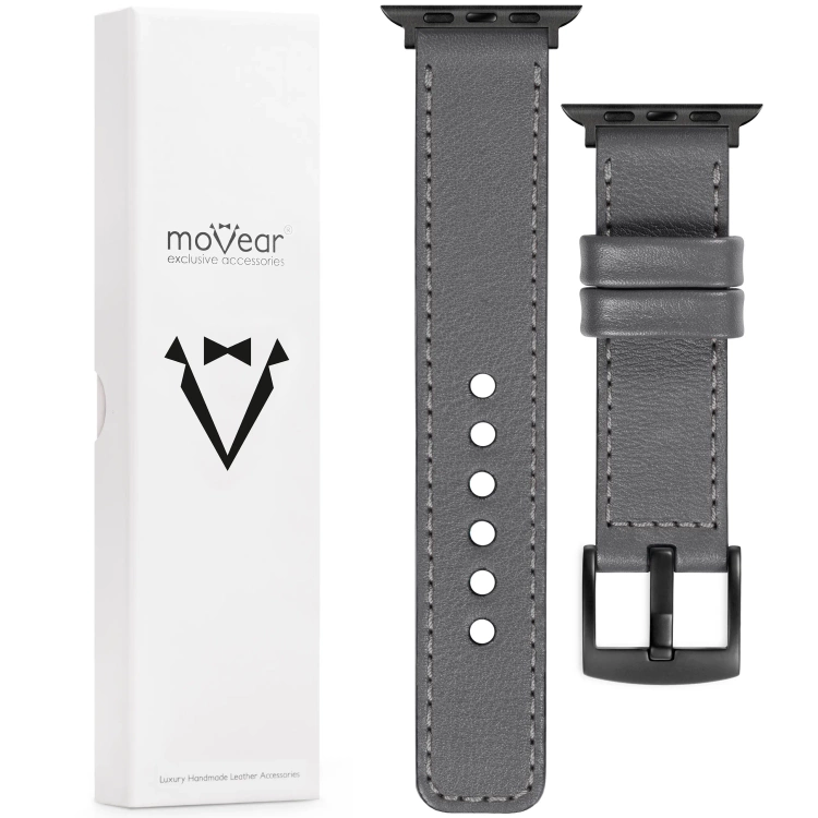 moVear Prestige C1 Skórzany pasek 20mm do Apple Watch 10 / 9 / 8 / 7 / 6 / 5 / 4 / SE (46/45/44mm) & Ultra (49mm) | Szary, szare przeszycie [rozmiary XS-XXL i klamra do wyboru]