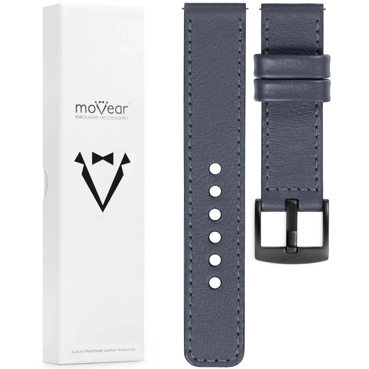 moVear Prestige C1 Skórzany pasek 22mm do zegarka | Szary stalowy, szare stalowe przeszycie [rozmiary XS-XXL i klamra do wyboru]