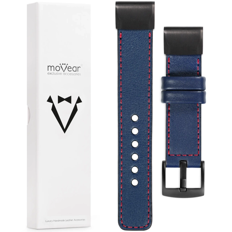 moVear Prestige C1 Skórzany pasek do Garmin QuickFit 26mm (Fenix / Epix / Quatix / Tactix / Enduro - 51mm) | Granatowy, czerwone przeszycie [rozmiary XS-XXL i klamra do wyboru]