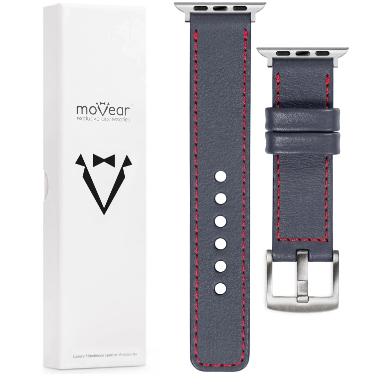 moVear Prestige C1 Skórzany pasek 24mm do Apple Watch 10 / 9 / 8 / 7 / 6 / 5 / 4 / SE (46/45/44mm) & Ultra (49mm) | Szary stalowy, czerwone przeszycie [rozmiary XS-XXL i klamra do wyboru]
