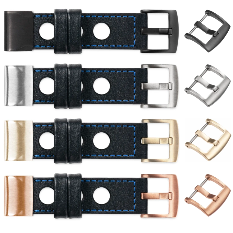 moVear Prestige R1 Skórzany pasek do Garmin QuickFit 22mm (Fenix / Forerunner / Epix / Instinct / Enduro / Quatix / MARQ - 47/45mm) | Czarny, niebieskie przeszycie [rozmiary XS-XXL i klamra do wyboru]