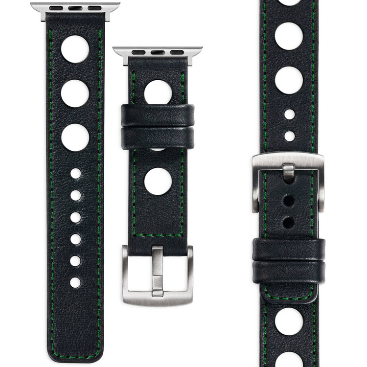 moVear Prestige R1 Skórzany pasek 20mm do Apple Watch 8 / 7 / 6 / 5 / 4 / SE (45/44mm) & Ultra (49mm) | Czarny, ciemnozielone przeszycie [rozmiar i klamra do wyboru]