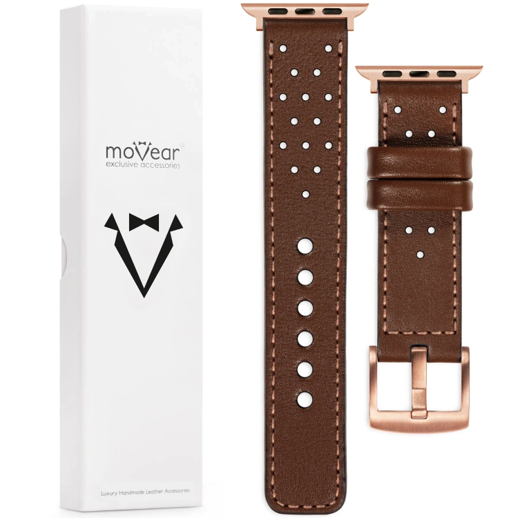 moVear Prestige R2 Skórzany pasek 22mm do Apple Watch 10 / 9 / 8 / 7 / 6 / 5 / 4 / SE (46/45/44mm) & Ultra (49mm) | Ciemnobrązowy, różowe złoto przeszycie [rozmiary XS-XXL i klamra do wyboru]