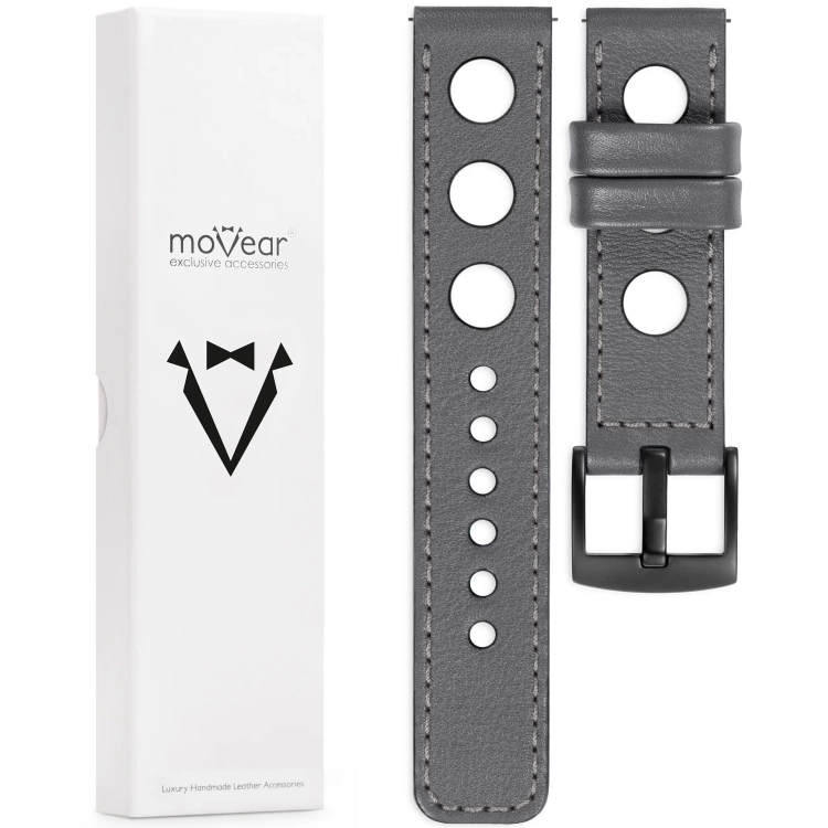 moVear Prestige R1 Skórzany pasek 20mm do zegarka | Szary, szare przeszycie [rozmiary XS-XXL i klamra do wyboru]
