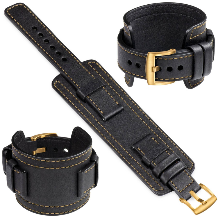 moVear Prestige CW1 Szeroki skórzany pasek 22mm do zegarka | Czarny, złote przeszycie [rozmiary XS-XXL i klamra do wyboru]