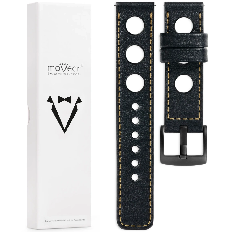 moVear Prestige R1 Skórzany pasek 22mm do Samsung Galaxy Watch 3 (45mm) / Watch (46mm) / Gear S3 | Czarny, złote przeszycie [rozmiary XS-XXL i klamra do wyboru]