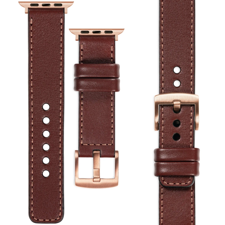 moVear Prestige C1 Skórzany pasek 22mm do Apple Watch 10 / 9 / 8 / 7 / 6 / 5 / 4 / SE (46/45/44mm) & Ultra (49mm) | Kasztanowy, różowe złoto przeszycie [rozmiary XS-XXL i klamra do wyboru]