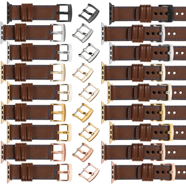 moVear Prestige C1 Skórzany pasek 24mm do Apple Watch 10 / 9 / 8 / 7 / 6 / 5 / 4 / SE (46/45/44mm) & Ultra (49mm) | Ciemnobrązowy, niebieskie przeszycie [rozmiary XS-XXL i klamra do wyboru]