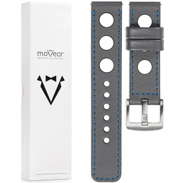 moVear Prestige R1 Skórzany pasek 20mm do zegarka | Szary, niebieskie przeszycie [rozmiary XS-XXL i klamra do wyboru]
