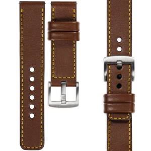 moVear Prestige C1 Skórzany pasek 20mm do zegarka | Ciemnobrązowy, żółte przeszycie [rozmiary XS-XXL i klamra do wyboru]