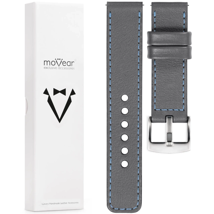 moVear Prestige C1 Skórzany pasek 18mm do zegarka | Szary, błękitne przeszycie [rozmiary XS-XXL i klamra do wyboru]