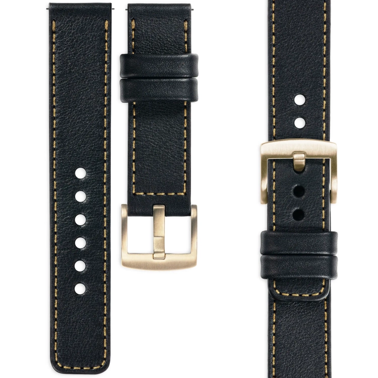 moVear Prestige C1 Skórzany pasek 18mm do Garmin Vivoactive 4S, Venu 3S/2S, Vívomove 3S | Czarny, złote przeszycie [rozmiary XS-XXL i klamra do wyboru]
