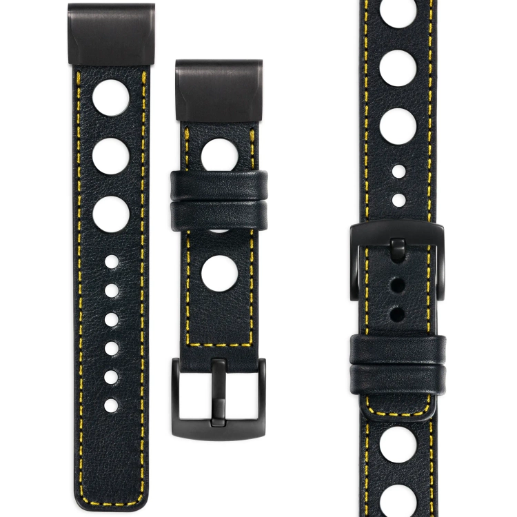 moVear Prestige R1 Skórzany pasek do Garmin QuickFit 20mm (Fenix / Instinct - 43/42/40mm) | Czarny, żółte przeszycie [rozmiary XS-XXL i klamra do wyboru]