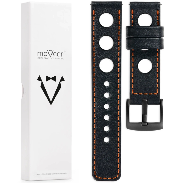 moVear Prestige R1 Skórzany pasek 18mm do zegarka | Czarny, ciemnopomarańczowe przeszycie [rozmiary XS-XXL i klamra do wyboru]
