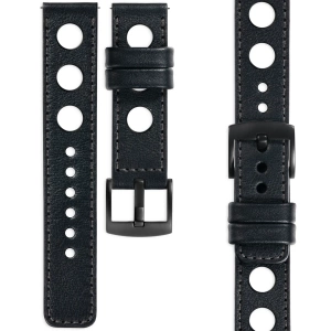 moVear Prestige R1 Skórzany pasek 20mm do Samsung Galaxy Watch 7 / 6 / 5 / 4 / 3 & Pro / FE / Classic / Active | Czarny, grafitowe przeszycie [rozmiary XS-XXL i klamra do wyboru]