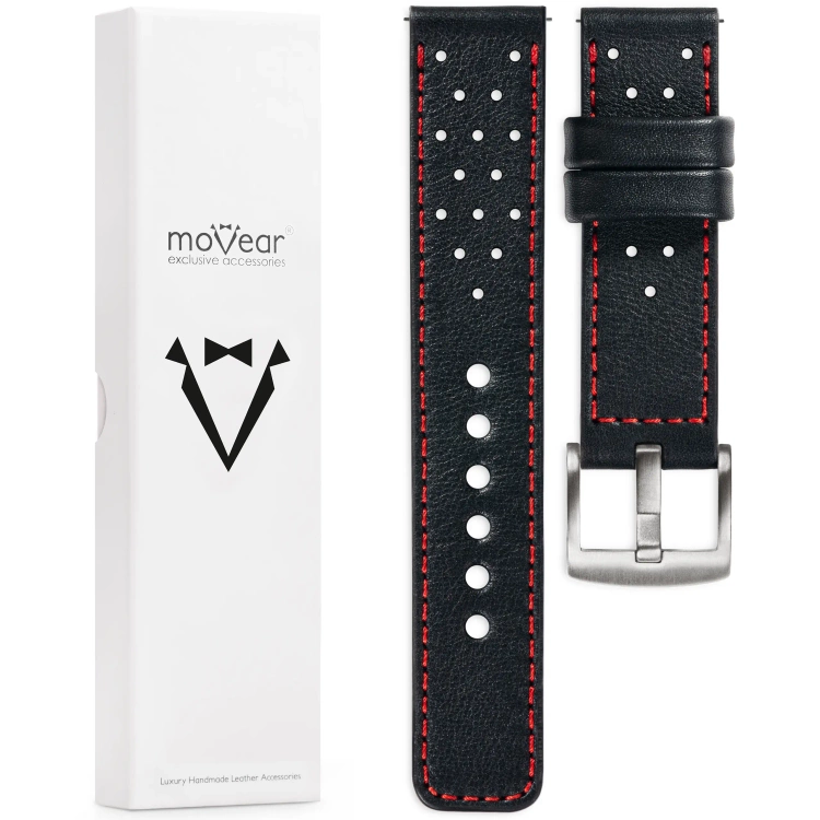 moVear Prestige R2 Skórzany pasek 24mm do zegarka | Czarny, czerwone przeszycie [rozmiary XS-XXL i klamra do wyboru]