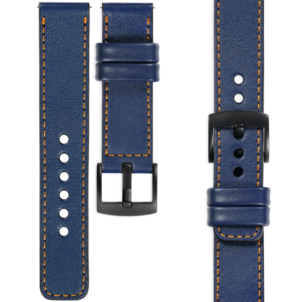 moVear Prestige C1 Skórzany pasek 22mm do Samsung Galaxy Watch 3 (45mm) / Watch (46mm) / Gear S3 | Granatowy, pomarańczowe przeszycie [rozmiary XS-XXL i klamra do wyboru]