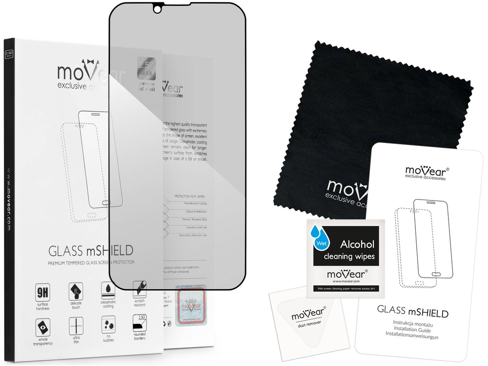 moVear GLASS mSHIELD 2.5D MAX privacy do Apple iPhone 16e / 14 / 13 / 13 Pro (6.1") (Prywatyzujące, kompatybilne z etui)
