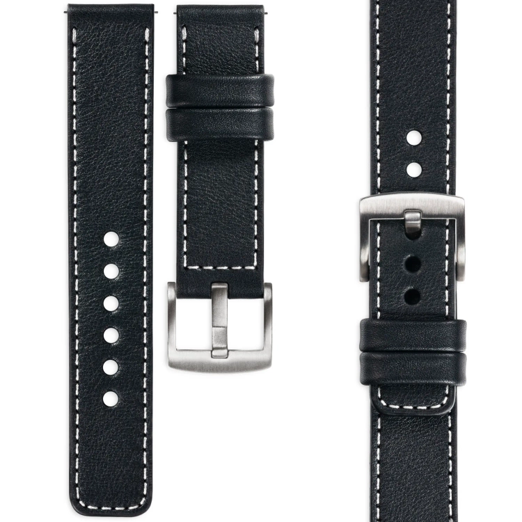 moVear Prestige C1 Skórzany pasek 22mm do Samsung Galaxy Watch 3 (45mm) / Watch (46mm) / Gear S3 | Czarny, białe przeszycie [rozmiary XS-XXL i klamra do wyboru]