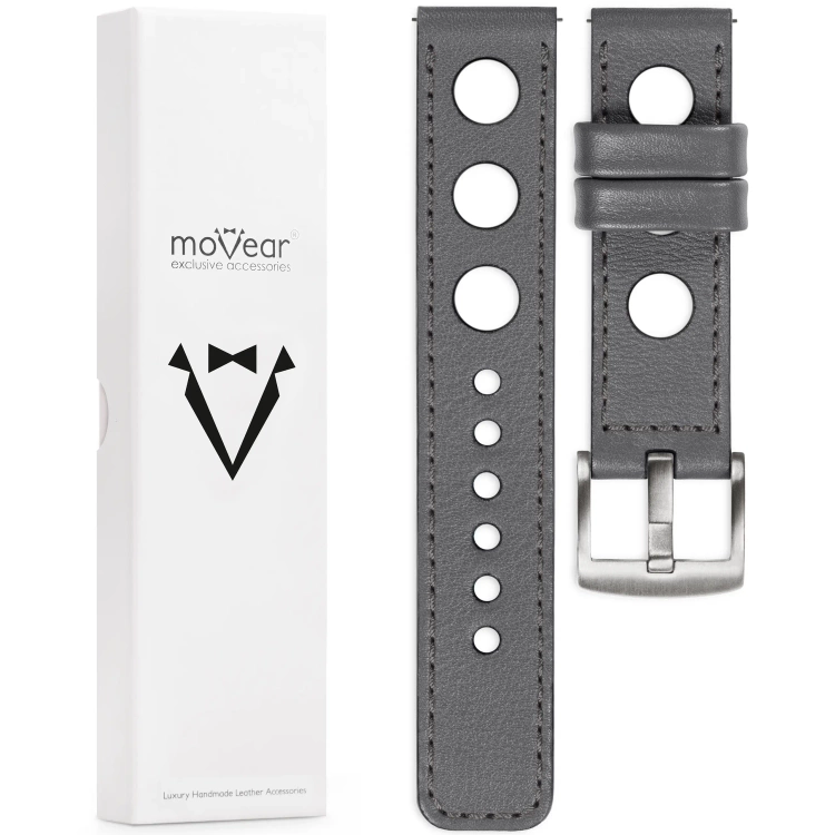 moVear Prestige R1 Skórzany pasek 20mm do zegarka | Szary, grafitowe przeszycie [rozmiary XS-XXL i klamra do wyboru]