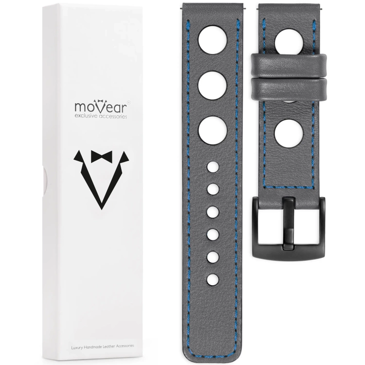 moVear Prestige R1 Skórzany pasek 26mm do zegarka | Szary, niebieskie przeszycie [rozmiary XS-XXL i klamra do wyboru]