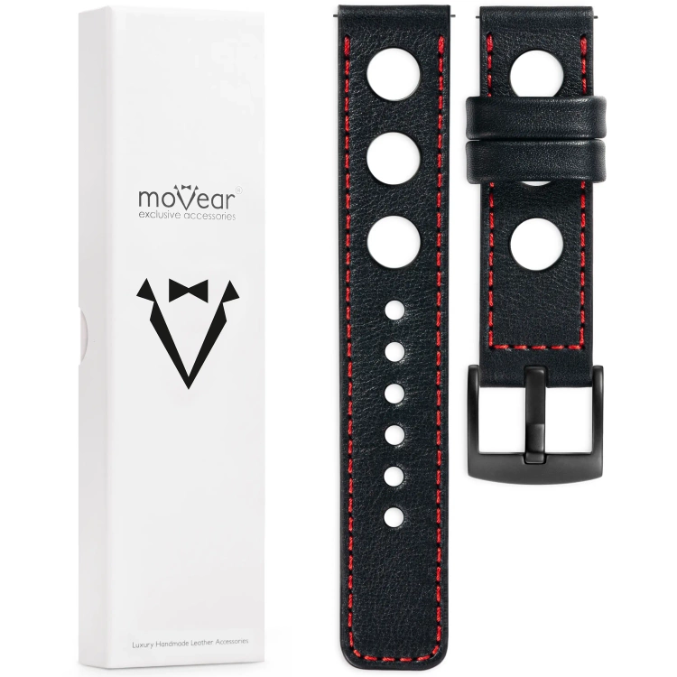 moVear Prestige R1 Skórzany pasek 22mm do zegarka | Czarny, czerwone przeszycie [rozmiary XS-XXL i klamra do wyboru]