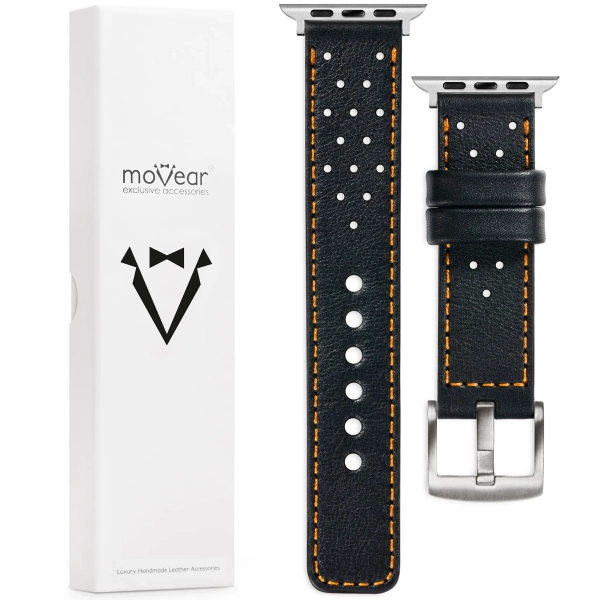moVear Prestige R2 Skórzany pasek 24mm do Apple Watch 10 / 9 / 8 / 7 / 6 / 5 / 4 / SE (46/45/44mm) & Ultra (49mm) | Czarny, pomarańczowe przeszycie [rozmiary XS-XXL i klamra do wyboru]