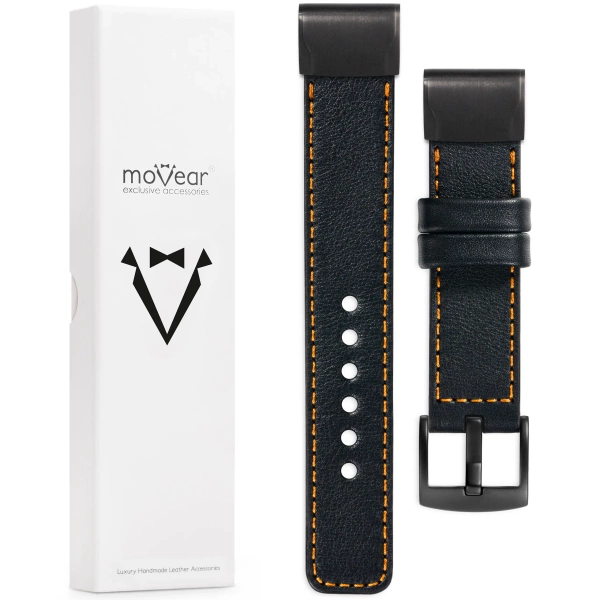 moVear Prestige C1 Skórzany pasek do Garmin QuickFit 20mm (Fenix / Instinct - 43/42/40mm) | Czarny, pomarańczowe przeszycie [rozmiary XS-XXL i klamra do wyboru]