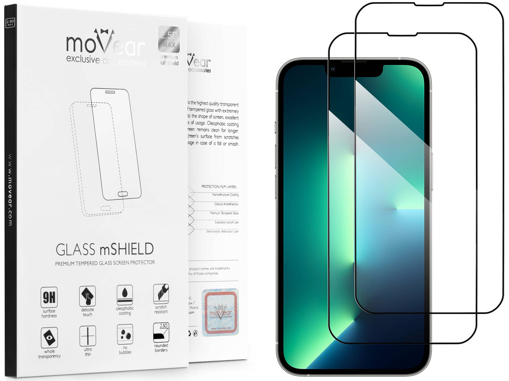 2 szt. | moVear GLASS mSHIELD 2.5D MAX do Apple iPhone 16e / 14 / 13 / 13 Pro (6.1") (kompatybilne z etui)