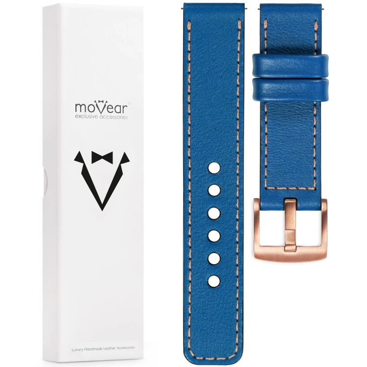 moVear Prestige C1 Skórzany pasek 22mm do zegarka | Niebieski, różowe złoto przeszycie [rozmiary XS-XXL i klamra do wyboru]