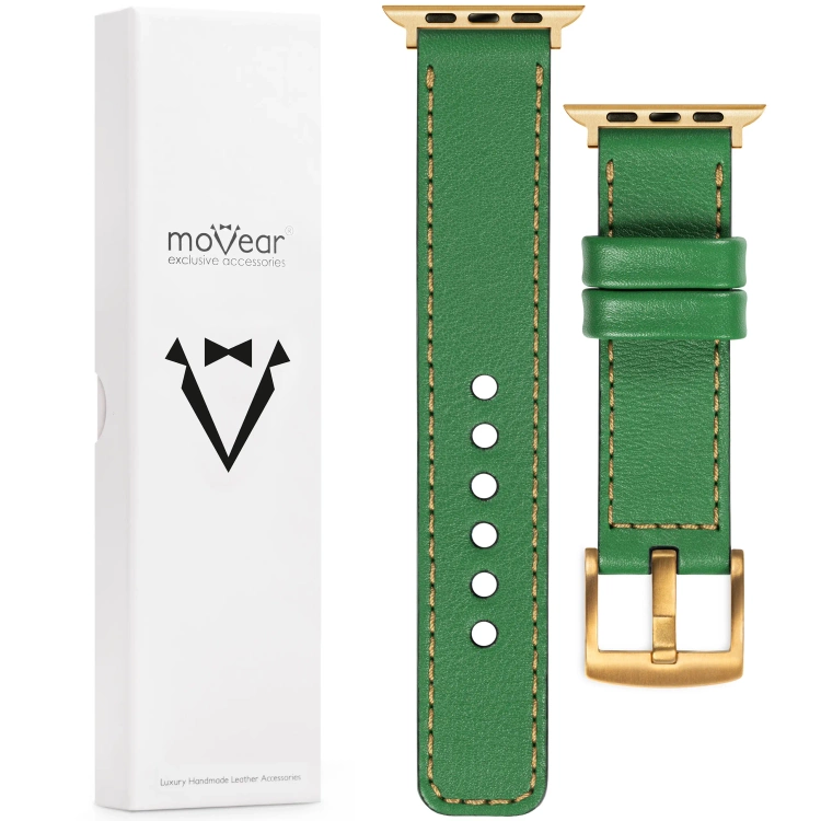 moVear Prestige C1 Skórzany pasek 22mm do Apple Watch 10 / 9 / 8 / 7 / 6 / 5 / 4 / SE (46/45/44mm) & Ultra (49mm) | Zielony, złote przeszycie [rozmiary XS-XXL i klamra do wyboru]