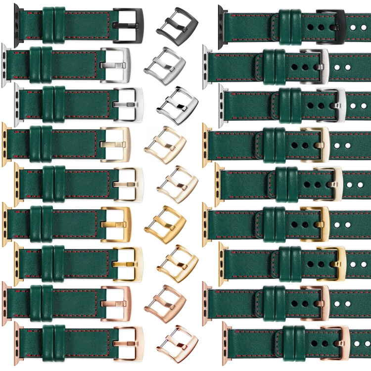 moVear Prestige C1 Skórzany pasek 22mm do Apple Watch 10 / 9 / 8 / 7 / 6 / 5 / 4 / SE (46/45/44mm) & Ultra (49mm) | Zielony butelkowy, czerwone przeszycie [rozmiary XS-XXL i klamra do wyboru]