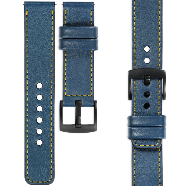 moVear Prestige C1 Skórzany pasek 22mm do zegarka | Niebieski jeans, żółte przeszycie [rozmiary XS-XXL i klamra do wyboru]