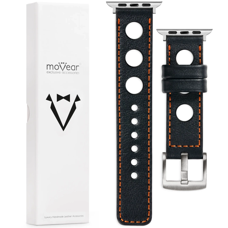 moVear Prestige R1 Skórzany pasek 24mm do Apple Watch 10 / 9 / 8 / 7 / 6 / 5 / 4 / SE (46/45/44mm) & Ultra (49mm) | Czarny, ciemnopomarańczowe przeszycie [rozmiary XS-XXL i klamra do wyboru]