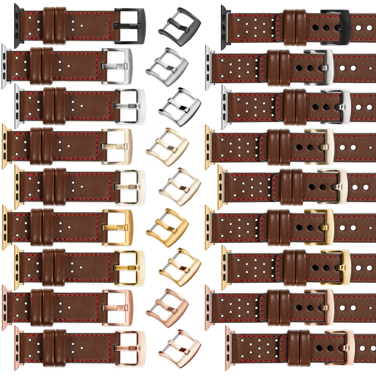 moVear Prestige R2 Skórzany pasek 20mm do Apple Watch 10 / 9 / 8 / 7 / 6 / 5 / 4 / SE (42/41/40mm) | Ciemnobrązowy, czerwone przeszycie [rozmiary XS-XXL i klamra do wyboru]