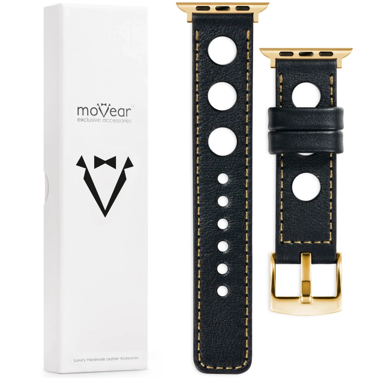 moVear Prestige R1 Skórzany pasek 22mm do Apple Watch 10 / 9 / 8 / 7 / 6 / 5 / 4 / SE (46/45/44mm) & Ultra (49mm) | Czarny, złote przeszycie [rozmiary XS-XXL i klamra do wyboru]