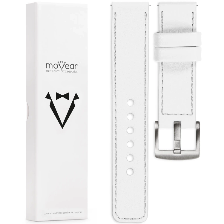 moVear Prestige C1 Skórzany pasek 22mm do Garmin Vivoactive 4, Venu 3/2 | Biały, srebrne przeszycie [rozmiary XS-XXL i klamra do wyboru]