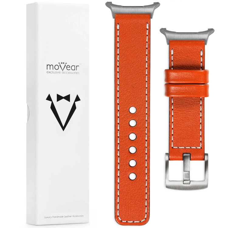 moVear Prestige C1 Skórzany pasek 22mm do Samsung Galaxy Watch Ultra | Pomarańczowy, białe przeszycie [rozmiary XS-XXL i klamra do wyboru]