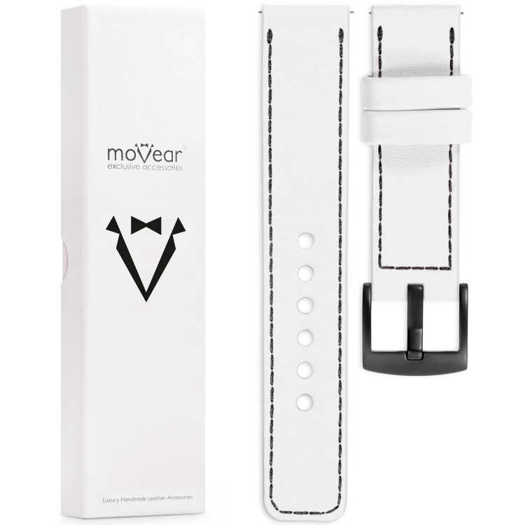 moVear Prestige C1 Skórzany pasek 22mm do zegarka | Biały, czarne przeszycie [rozmiary XS-XXL i klamra do wyboru]