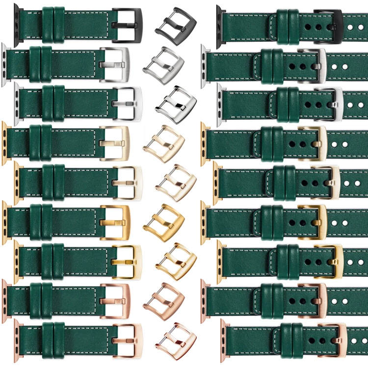 moVear Prestige C1 Skórzany pasek 20mm do Apple Watch 10 / 9 / 8 / 7 / 6 / 5 / 4 / SE (46/45/44mm) & Ultra (49mm) | Zielony butelkowy, białe przeszycie [rozmiary XS-XXL i klamra do wyboru]
