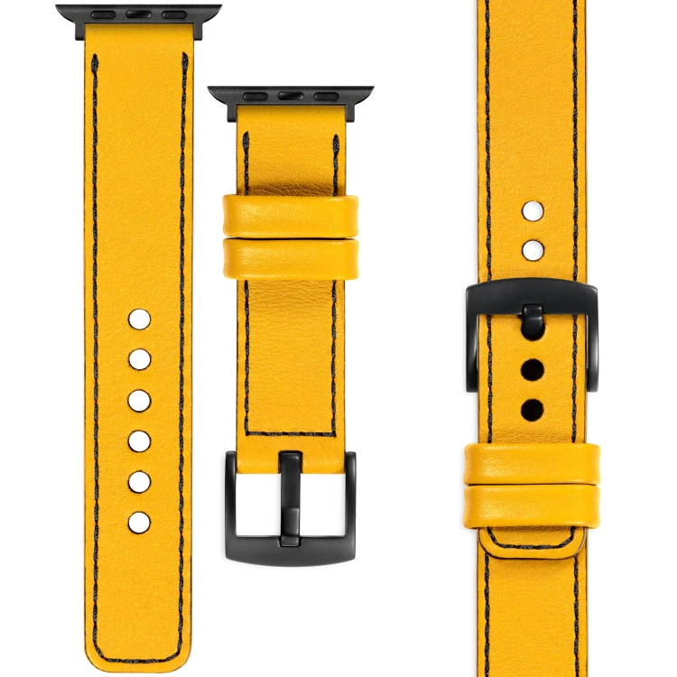 moVear Prestige C1 Skórzany pasek 24mm do Apple Watch 10 / 9 / 8 / 7 / 6 / 5 / 4 / SE (46/45/44mm) & Ultra (49mm) | Żółty, czarne przeszycie [rozmiary XS-XXL i klamra do wyboru]