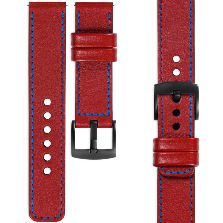 moVear Prestige C1 Skórzany pasek 20mm do zegarka | Czerwony szkarłatny, niebieskie przeszycie [rozmiary XS-XXL i klamra do wyboru]