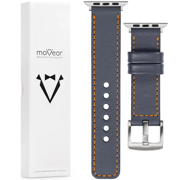 moVear Prestige C1 Skórzany pasek 24mm do Apple Watch 10 / 9 / 8 / 7 / 6 / 5 / 4 / SE (46/45/44mm) & Ultra (49mm) | Szary stalowy, pomarańczowe przeszycie [rozmiary XS-XXL i klamra do wyboru]