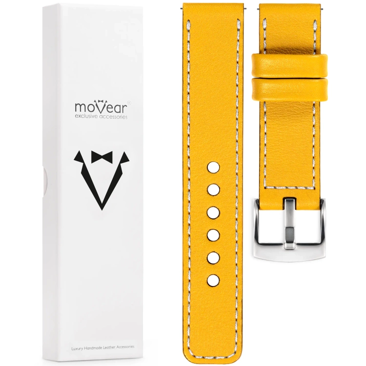 moVear Prestige C1 Skórzany pasek 22mm do zegarka | Żółty, białe przeszycie [rozmiary XS-XXL i klamra do wyboru]