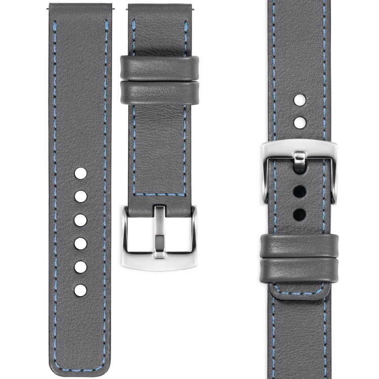 moVear Prestige C1 Skórzany pasek 18mm do zegarka | Szary, błękitne przeszycie [rozmiary XS-XXL i klamra do wyboru]