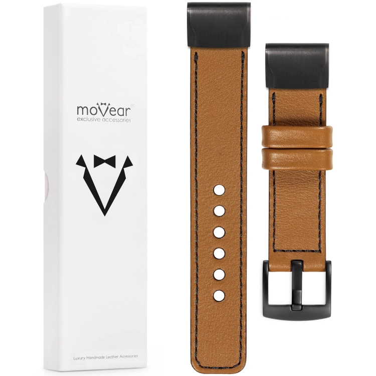 moVear Prestige C1 Skórzany pasek do Garmin QuickFit 22mm (Fenix / Forerunner / Epix / Instinct / Enduro / Quatix / MARQ - 47/45mm) | Jasnobrązowy, czarne przeszycie [rozmiary XS-XXL i klamra do wyboru]