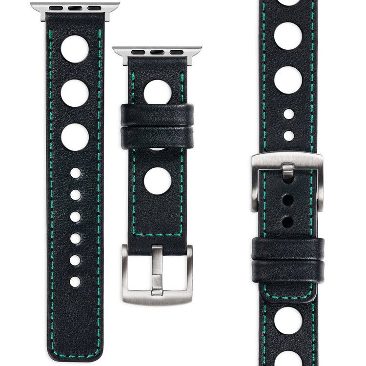 moVear Prestige R1 Skórzany pasek 20mm do Apple Watch 8 / 7 / 6 / 5 / 4 / SE (41/40mm) | Czarny, turkusowe przeszycie [rozmiar i klamra do wyboru]