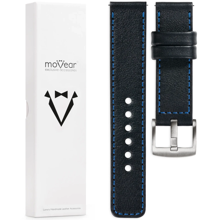 moVear Prestige C1 Skórzany pasek 22mm do zegarka | Czarny, niebieskie przeszycie [rozmiary XS-XXL i klamra do wyboru]