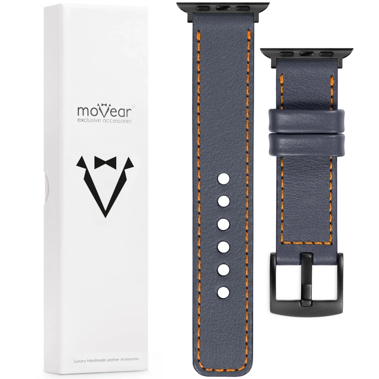 moVear Prestige C1 Skórzany pasek 22mm do Apple Watch 10 / 9 / 8 / 7 / 6 / 5 / 4 / SE (46/45/44mm) & Ultra (49mm) | Szary stalowy, pomarańczowe przeszycie [rozmiary XS-XXL i klamra do wyboru]