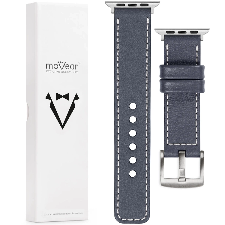 moVear Prestige C1 Skórzany pasek 24mm do Apple Watch 10 / 9 / 8 / 7 / 6 / 5 / 4 / SE (46/45/44mm) & Ultra (49mm) | Szary stalowy, białe przeszycie [rozmiary XS-XXL i klamra do wyboru]